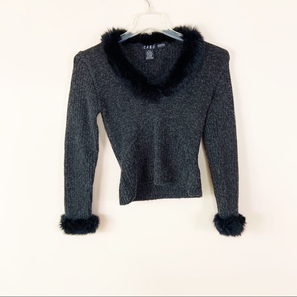 CABO Y2K Style Black Wool Fur Trim Sweater SM - Picture 2 of 6